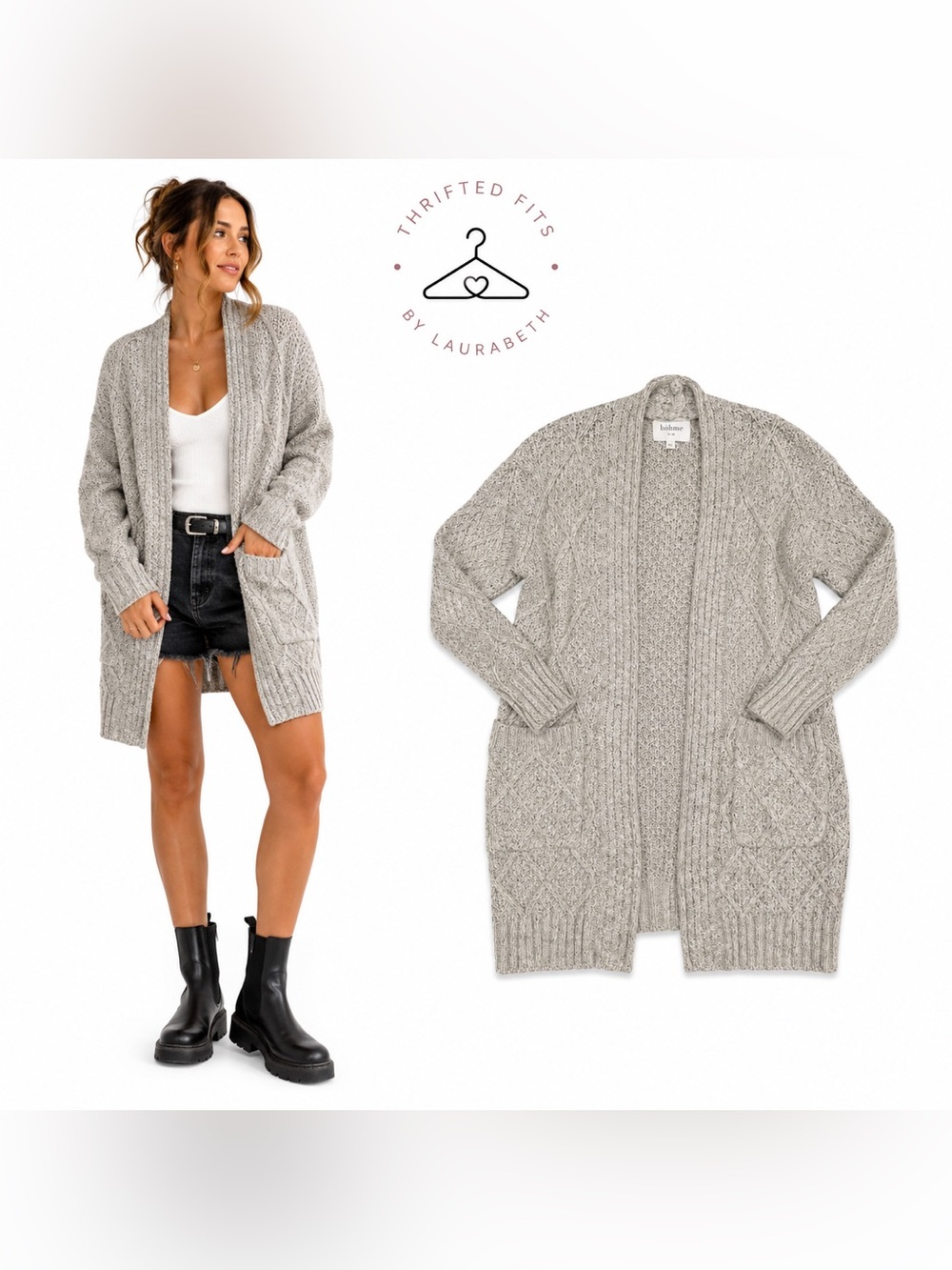 bohme Light Gray Cable Knit Open Cardigan with Pockets